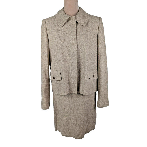ELLEN TRACY Brown Silk Linen Tweed Suit Skirt Set Size 10 Business